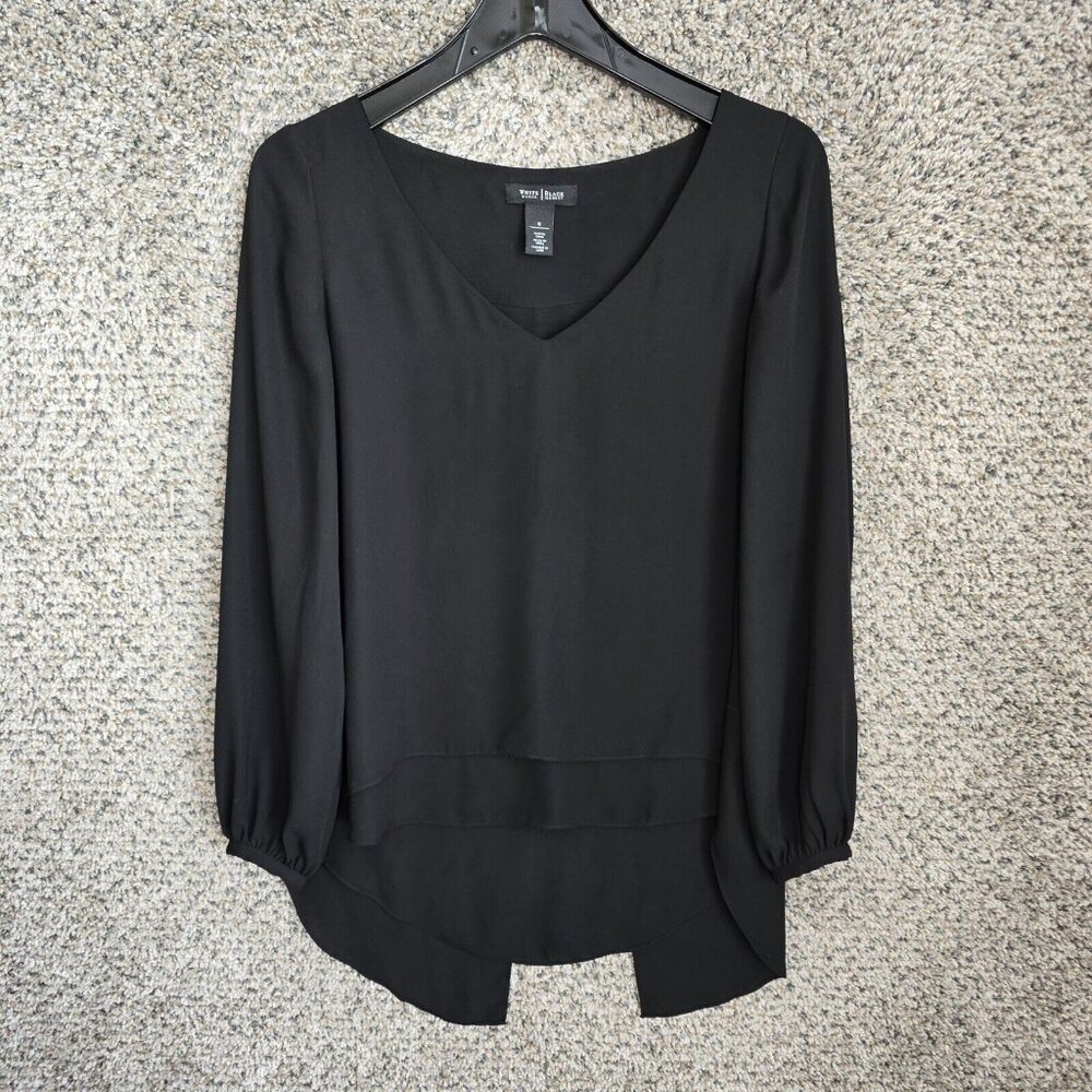 White House Black Market Top Womens 0 Black Long Sleeve Blouse V-Neck High Low